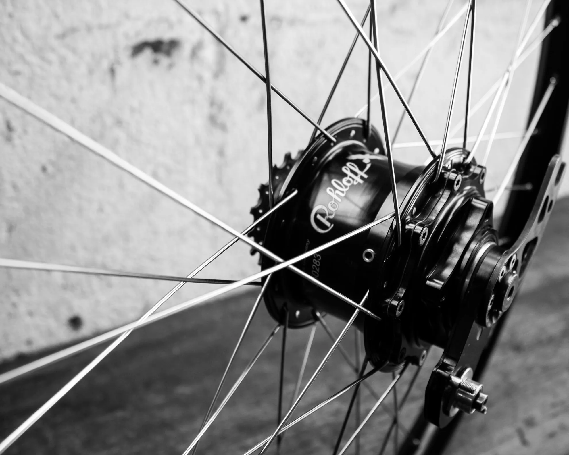 Roue sur mesure avec moyeu Rohloff, jante Ryde Andra 30 et rayons Sapim Strong.